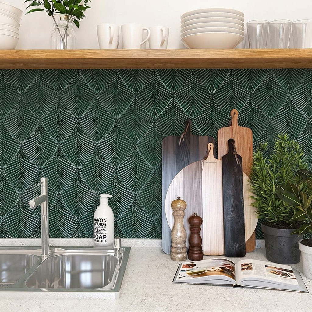 Dark green 3D leaf ceramic mosaic backsplash in a modern kitchen with an oak shelf